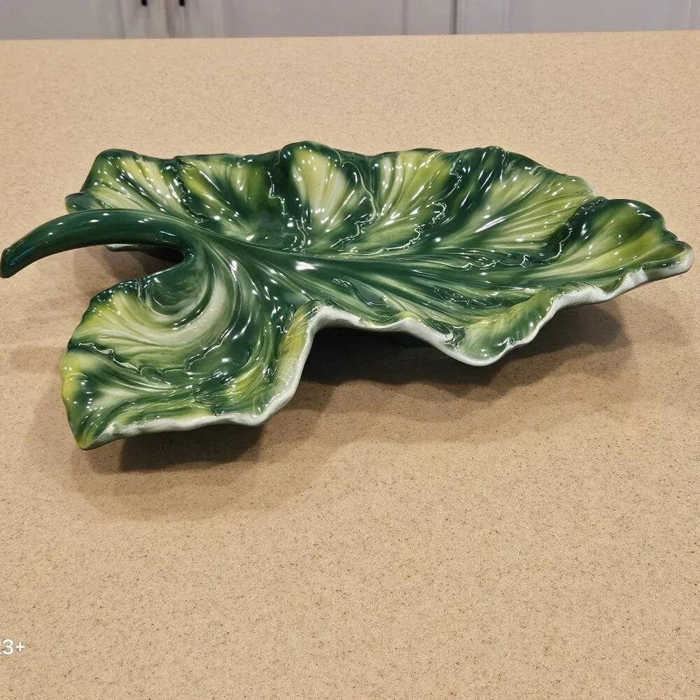 VINTAGE ITALIAN MAJOLICA VIETRI GREEN FOLIAGE CABBAGE LEAF SERVING DISH BOWL